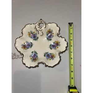 Vintage Pansy Floral Scalloped Ceramic Trinket Dish Gold Trim 7.5 Inch